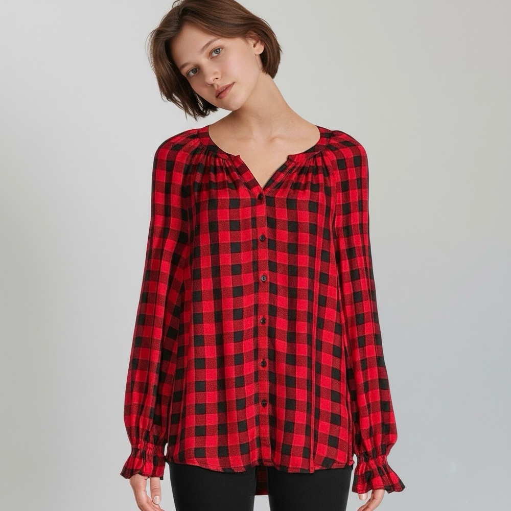 Flannel Button Down Plaid Shirt Long Sleeves Ruffle Cuff